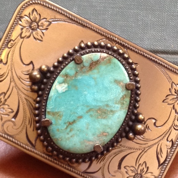 Accessories - Bronze Finish Belt Buckle with Turquoise Stone